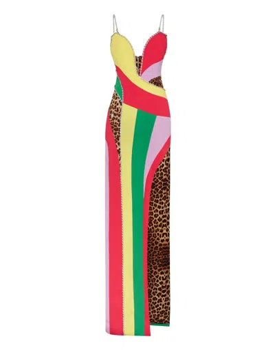 PHILIPP PLEIN SATIN LONG DRESS RAINBOW PATCHWORK
