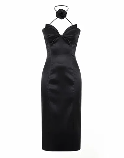 Philipp Plein Satin Midi Dress Flower In Black