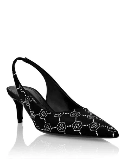 Philipp Plein Satin Slingback Low Heels Strass Monogram Women In Black