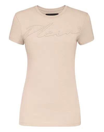 Philipp Plein Satin T-shirt Round Neck Ss Embroidery Signature In Beige
