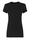 Philipp Plein Satin T-shirt Round Neck Ss Embroidery Signature In Black