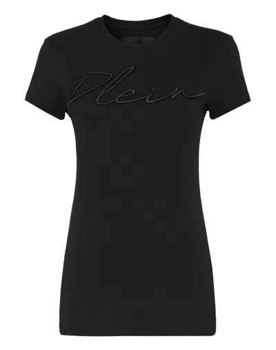 Philipp Plein Satin T-shirt Round Neck Ss Embroidery Signature In Black