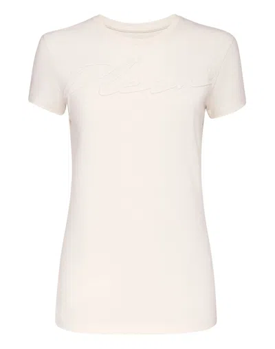 Philipp Plein Satin T-shirt Round Neck Ss Embroidery Signature In White