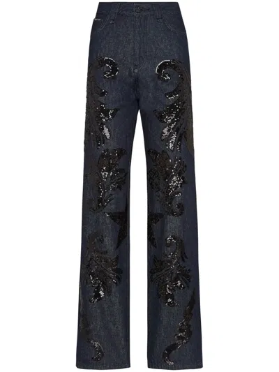 Philipp Plein Sequin-embellished High-rise Wide-leg Jeans In Black