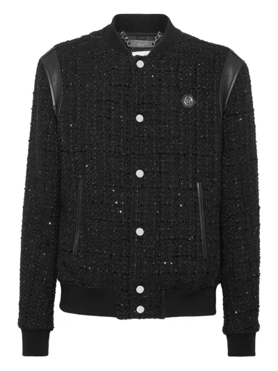 Philipp Plein Sequin-embellished Leather-trimmed Bomber Jacket In Black