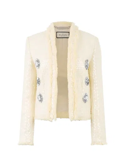 Philipp Plein Sequin Embellished Tweed Bolero In Neutral