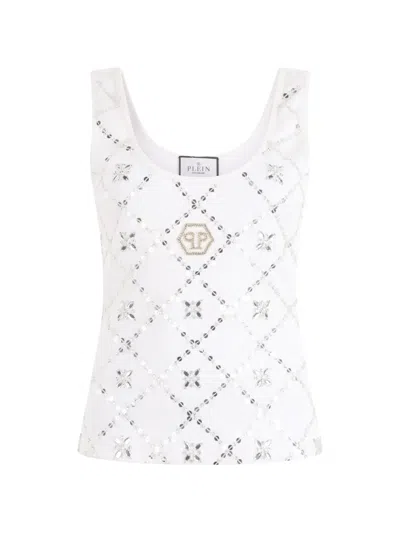 Philipp Plein Sequin Rhinestone Tank Top In White
