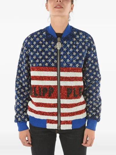 Philipp Plein Sequin-embellished Rhinestone-star Bomber Jacket In Blue