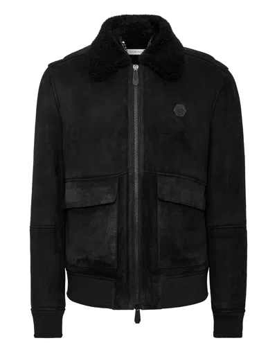 Philipp Plein Shealing Leather Bomber In Black