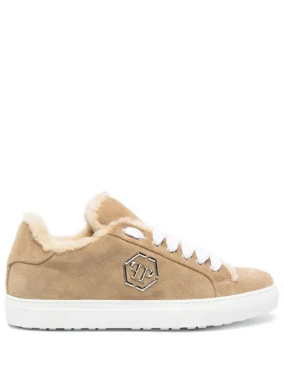 Philipp Plein Shearling Low-top Sneakers In Neutrals
