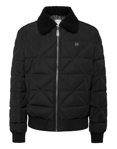 Philipp Plein Shearling Nylon Padded Jacket In Black