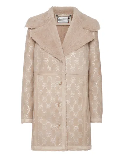 Philipp Plein Shearling Oversize Coat Strass Monogram In Brown