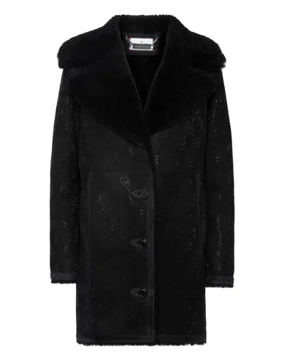 Philipp Plein Shearling Oversize Coat Strass Monogram In Black