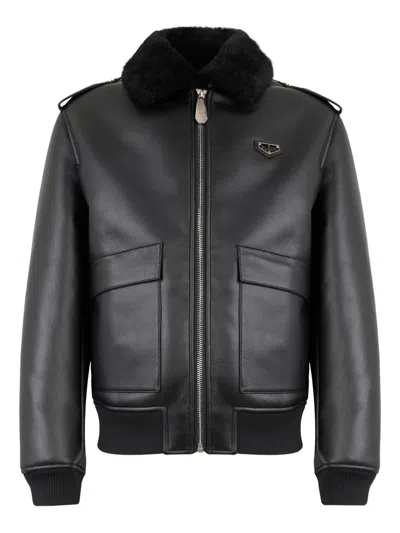 Philipp Plein Shearling-texture-collar Jacket In Black