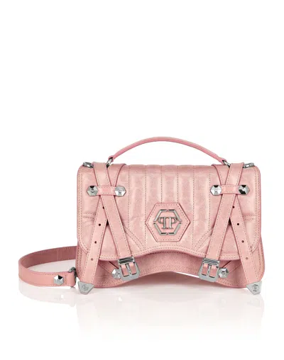 Philipp Plein Shiny Crackle Leather Belt Handle Bag Medium Hexagon In Pink