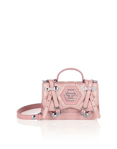 Philipp Plein Shiny Crackle Leather Belt Handle Bag Small Hexagon In Pink