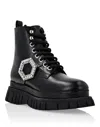 Shop Philipp Plein Shiny Leather Boots Mid Flat Crystal Hexagon In Black