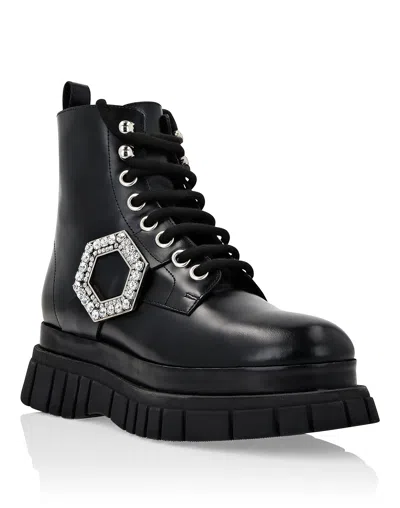 Philipp Plein Shiny Leather Boots Mid Flat Crystal Hexagon In Black