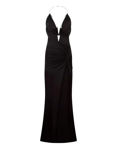 Philipp Plein Shiny Long Dress Skull Piercing In Black