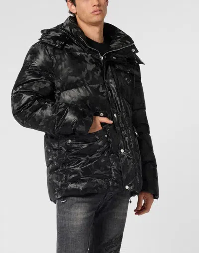 Philipp Plein Shiny Nylon Puffer Jacket Camouflage Men In Black