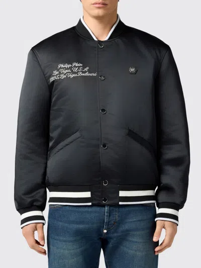 Philipp Plein Shiny Satin Varsity Padded Bomber In Black
