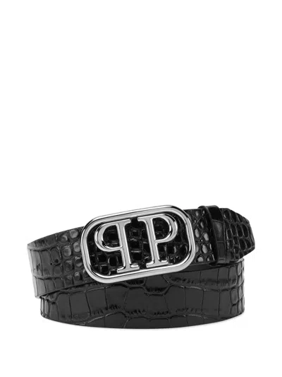 Philipp Plein Shiny Skull Leather Belt In Black