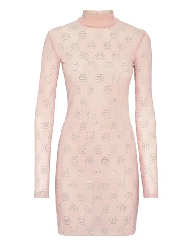 Philipp Plein Shirt Dress Monogram Strass In Pink