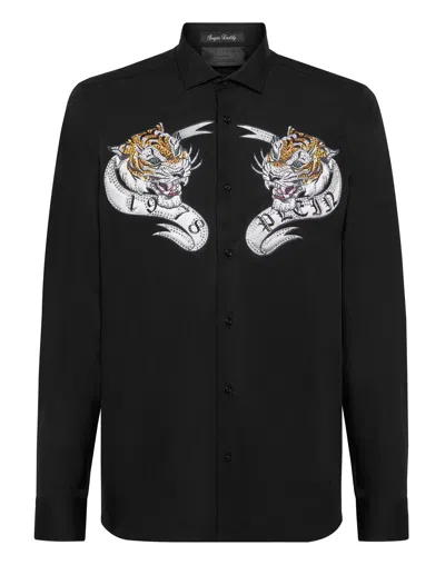 Philipp Plein Tiger-print Crystal-embellished Shirt In Black