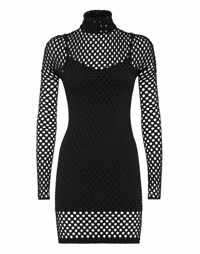 Philipp Plein Short Dress Seamless Mesh In Black