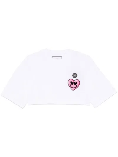 Philipp Plein Short Sleeve Cropped Round-neck Patches T-shirt In White