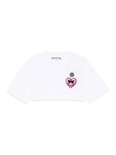 Philipp Plein Short Sleeve Cropped Round-neck Patches T-shirt In White
