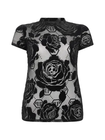 Philipp Plein Short-sleeve Flower-detail T-shirt In Black