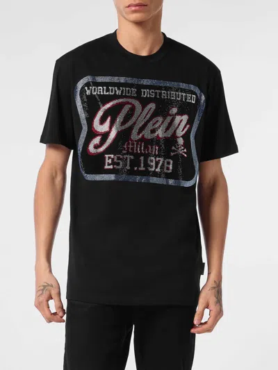 Philipp Plein Short-sleeved Cotton T-shirt With Contrasting Logo Print In Black