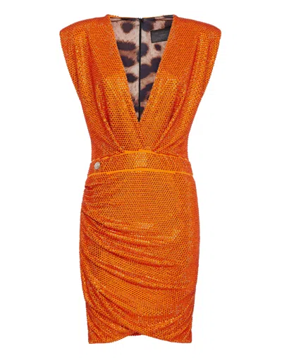 Philipp Plein Shoulder Pad Mini Dress Stones In Orange