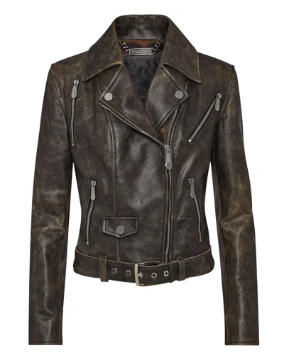 Philipp Plein Shoulder Padded Leather Biker Jacket In Black