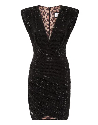 Philipp Plein Shoulder Padded Mini Dress Crystal In Black