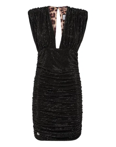 Philipp Plein Shoulder Padded Mini Dress Stones In Black