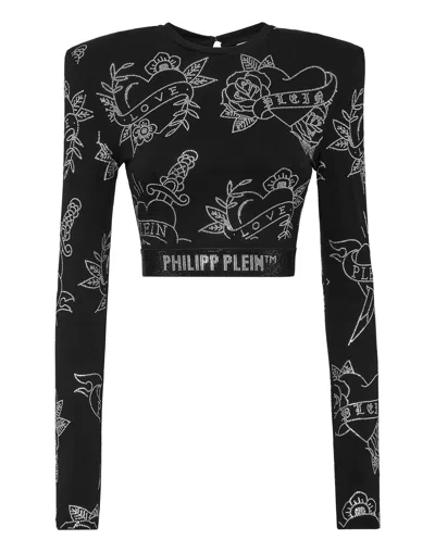Philipp Plein Shoulder Pads Cropped Top Ls Love In Black