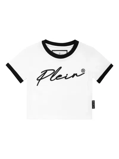 Philipp Plein Kids' Signature Cropped T-shirt In White