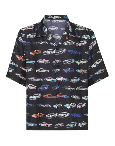 Philipp Plein Silk Bowling Shirt Ss Cars Racing In Multi