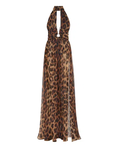 Philipp Plein Silk Chiffion Long Dress Leopard In Multi