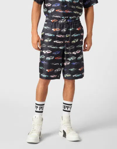 Philipp Plein Silk Cool Kid Shorts Cars Racing Men In Black