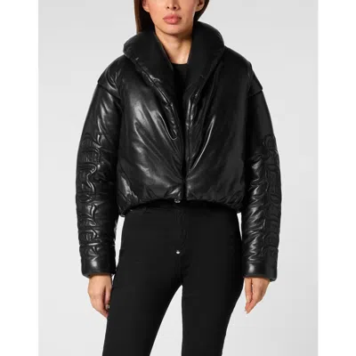 Philipp Plein Silky Leather Biker Jacket Skull&amp;bones Women In Black