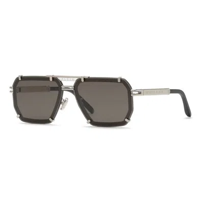 Philipp Plein Silver Black Metal Sunglasses In Brown