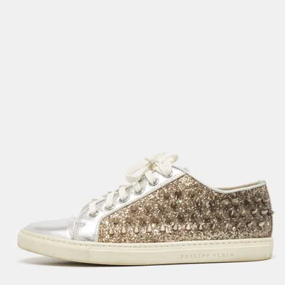 Pre-owned Philipp Plein Silver/gold Leather And Glitter Spike Sneakers Size 36