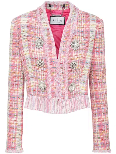 Philipp Plein Single-breasted Tweed Blazer In Pink