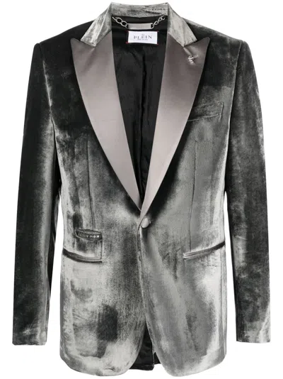 Philipp Plein Single-breasted Velvet Blazer In Grey