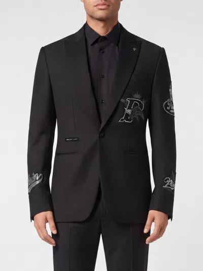 Philipp Plein Single-breasted Wool-blend Blazer With Peak Lapels And Logo Patch In Black