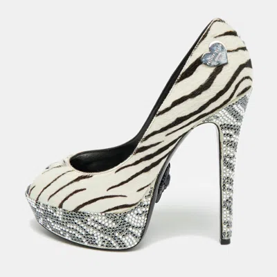 Pre-owned Philipp Plein Size 36 White/black Animal Print Calf Hair Crystal Embellished Platform Peep Toe Pumps