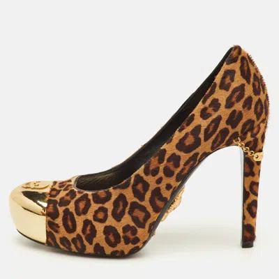 Pre-owned Philipp Plein Size 37 Brown Leopard Print Calf Hair Skull Metal Cap Toe Platform Pumps